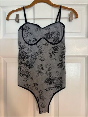 Free People Gray Floral Lace-Trim Bodysuit with Black Trim